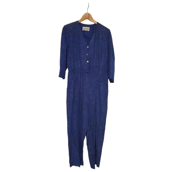 Vintage Pants - 80s Vintage S.L Fashions Jumpsuit Floral Print Blue and Beige Size 10